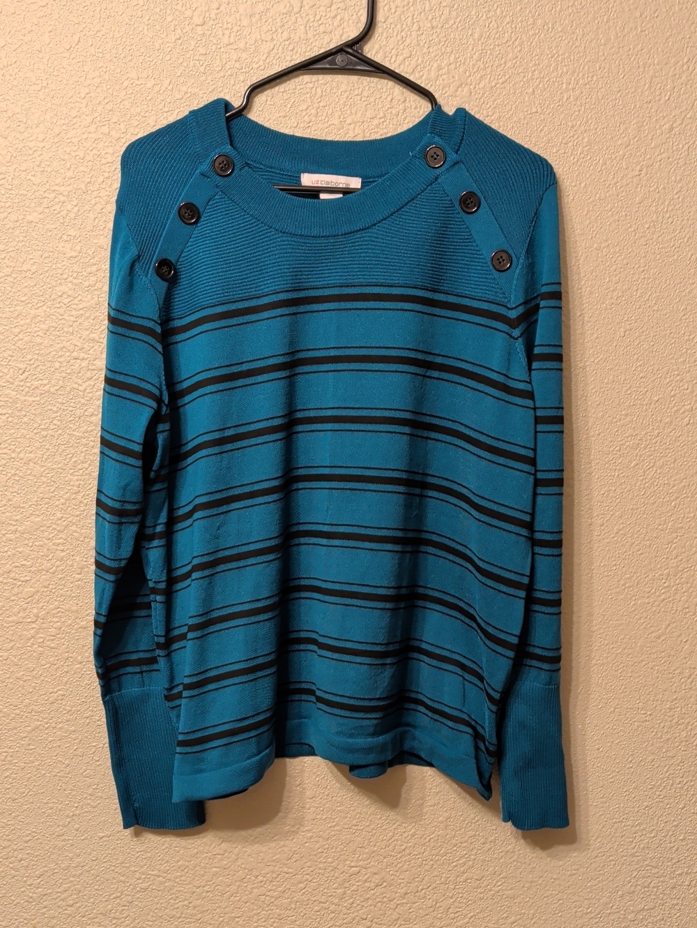 Liz Claiborne Teal and Black Striped Button-Shoulder Sweater